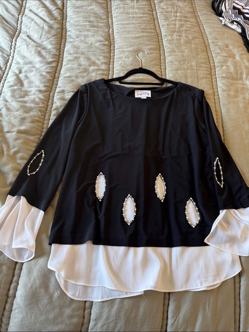 Joseph Ribkoff Black Tunic with White Layered Hem and Beaded Teardrop Accents